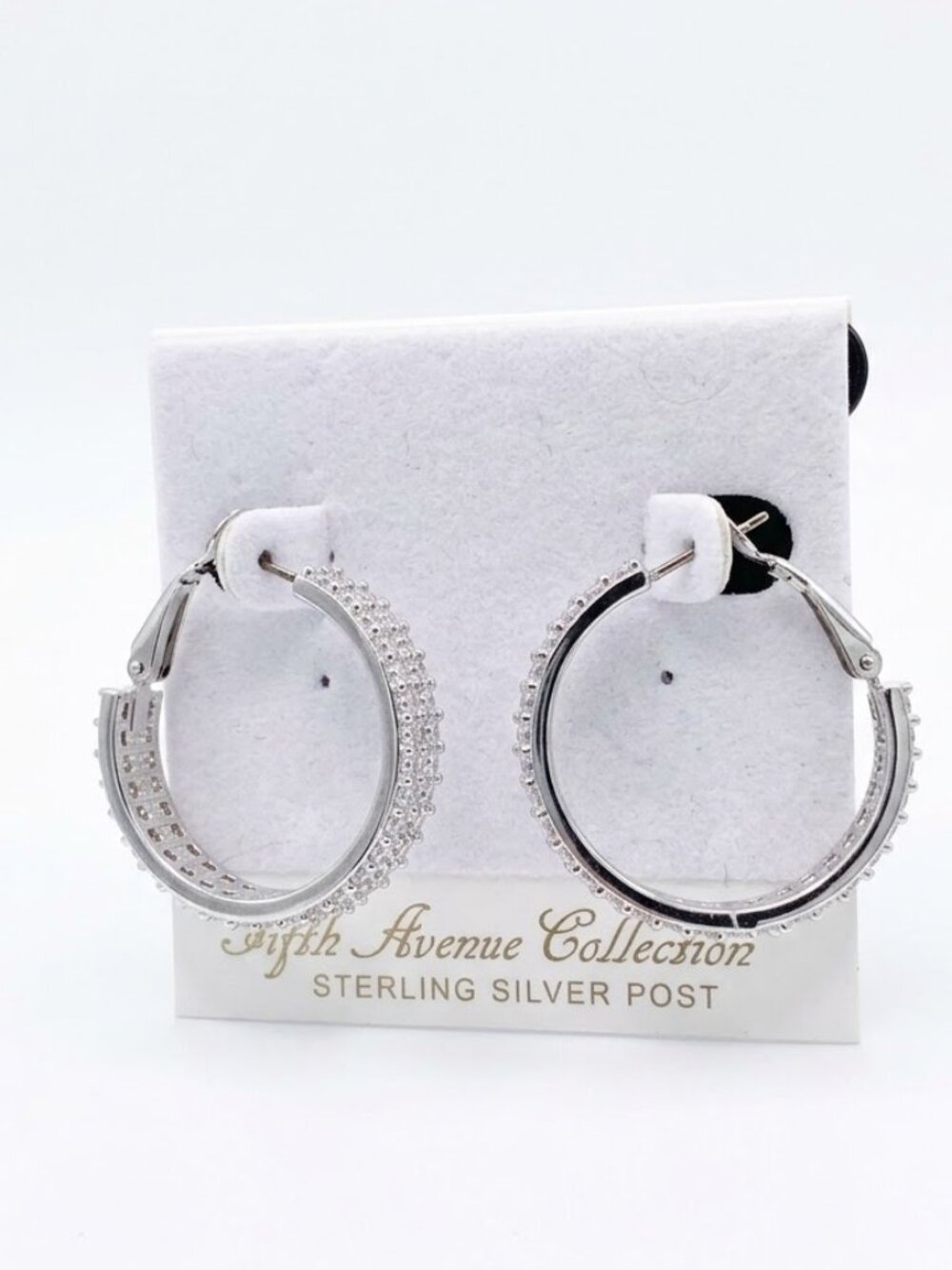 Fifth Avenue Double Row Pave CZ Hoop Earrings Sterling Silver Post NWT
